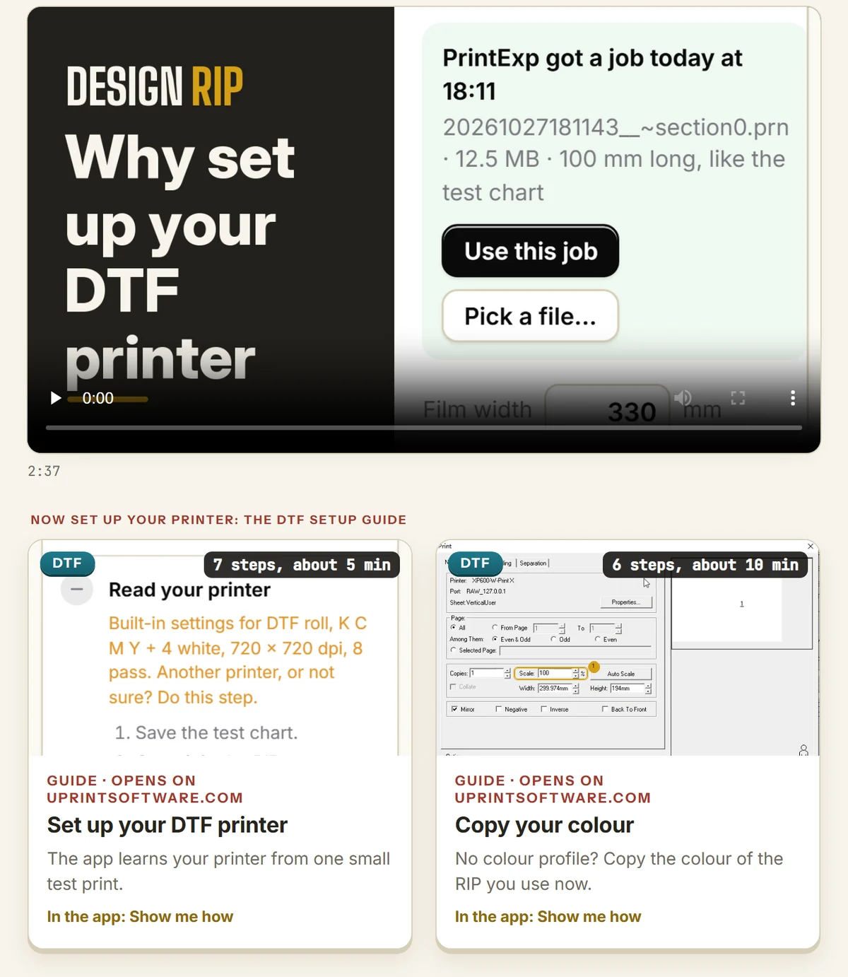 The film Why set up your DTF printer, with two guide cards under it: Set up your DTF printer, and Copy your colour