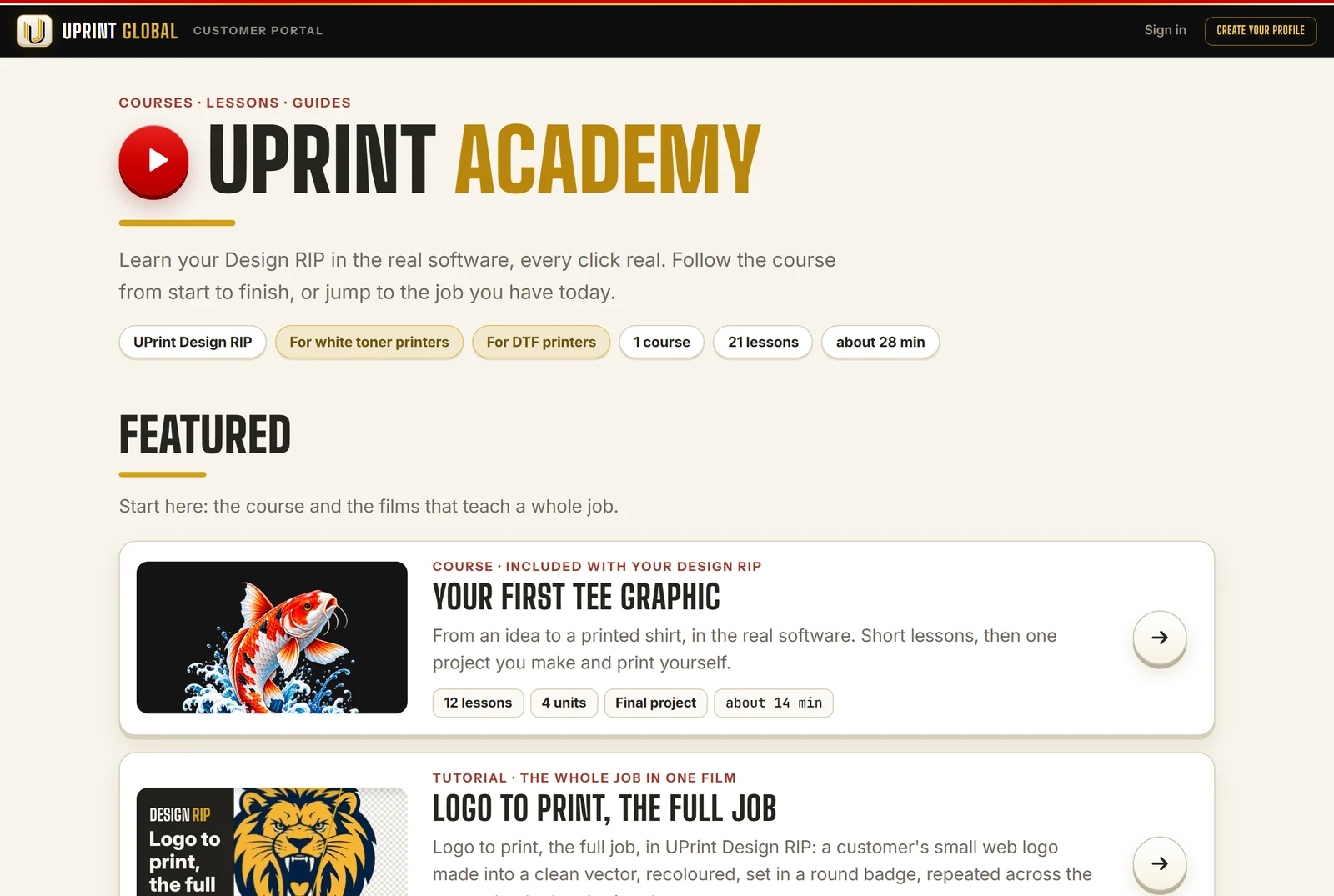The UPrint Academy page: the course Your first tee graphic, with 12 lessons, 4 units and a final project