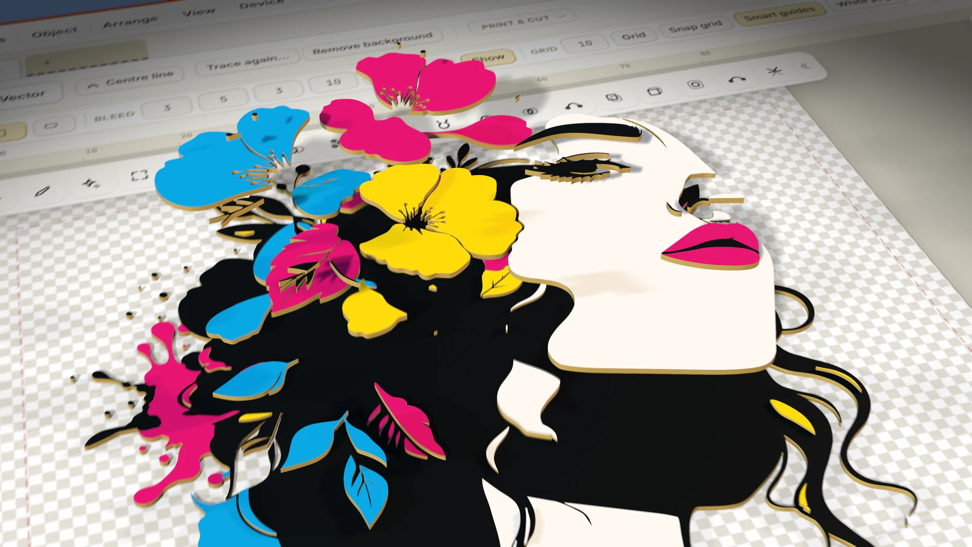 The flower lady's traced artwork lifting apart in 3D layers over the real UPrint Design RIP window