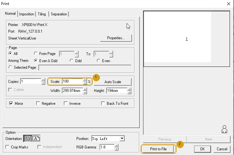 Maintop's Print window: Scale 100 and Print to File