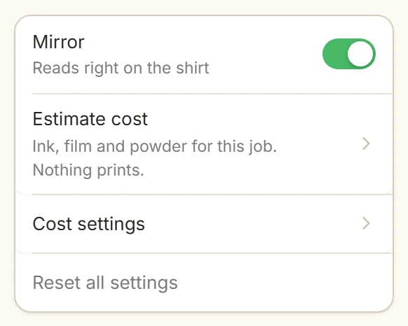Job: Mirror on, Reads right on the shirt