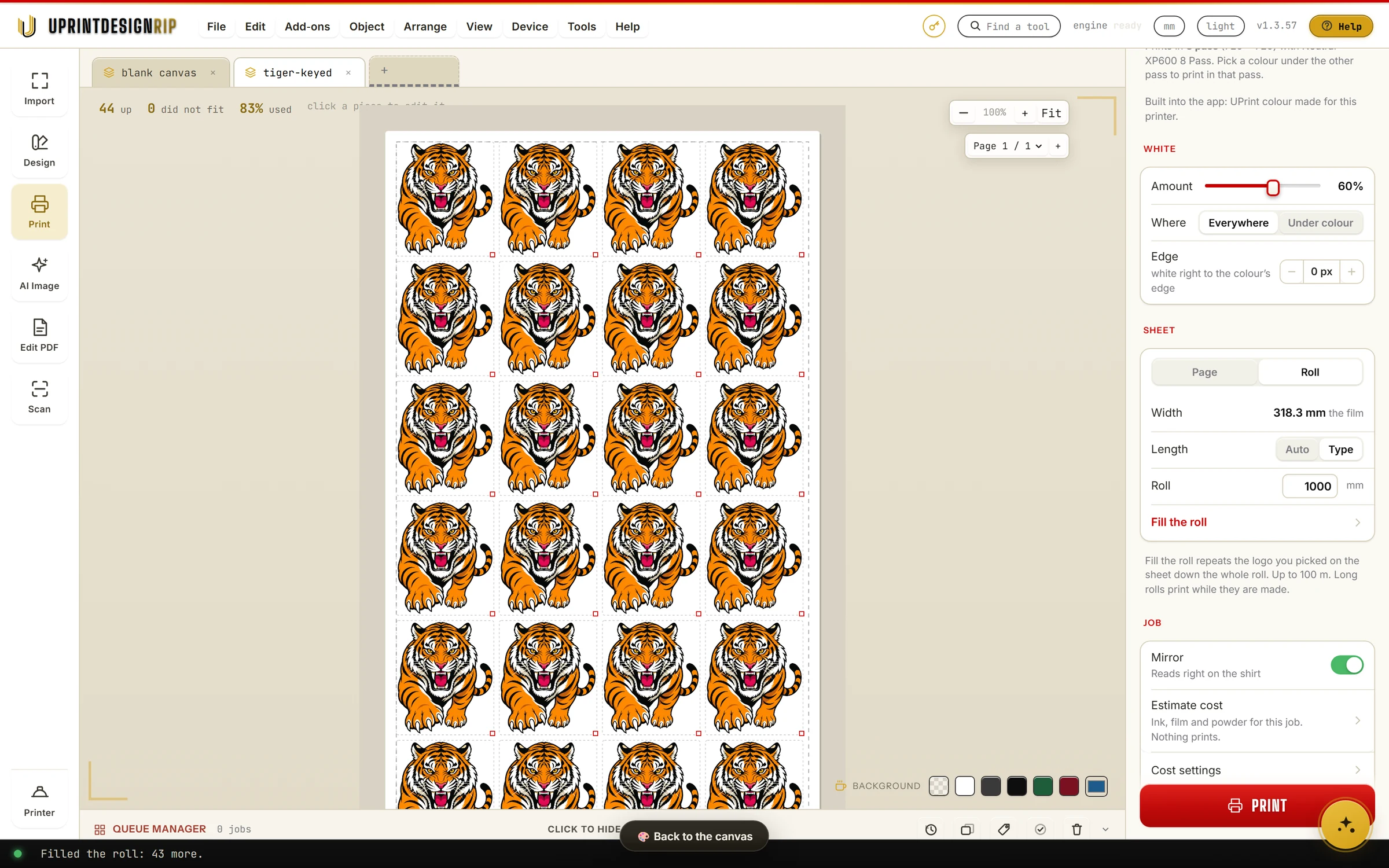 A 1000 mm (39.4 in) roll of 318 mm (12.5 in) film filled with 44 copies of a tiger logo
