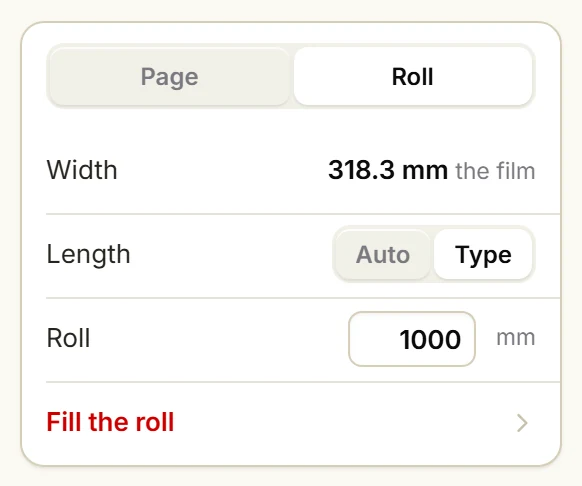 Sheet: Roll, Length Type, 1000 mm (39.4 in), Fill the roll