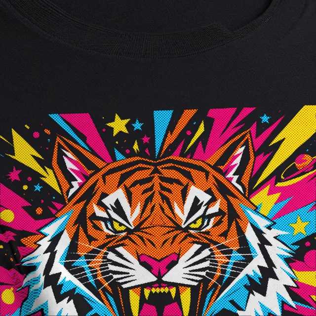 Close-up of a black T-shirt under the collar, printed with a pop-art tiger and colour bursts in bold round halftone dots.