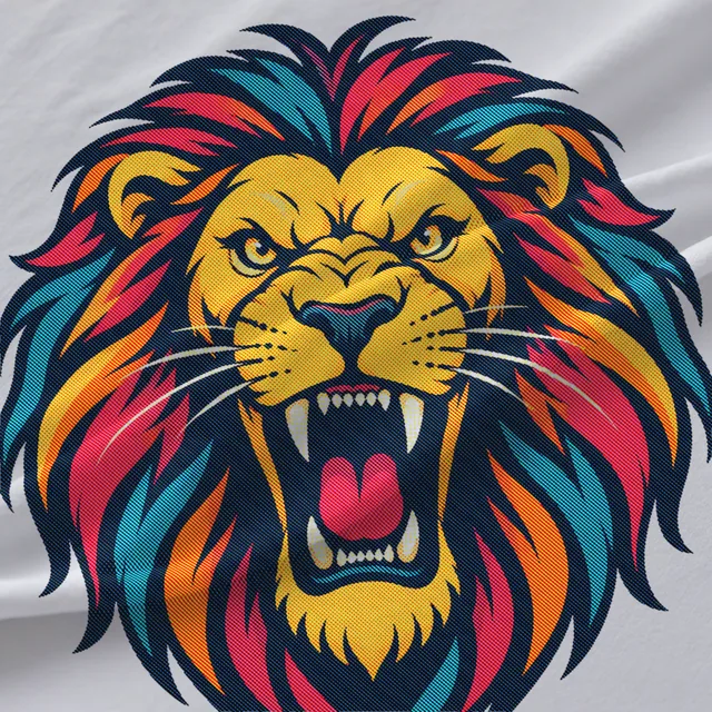 Close-up of a white T-shirt printed with a roaring lion with a rainbow mane in fine oval halftone dots.