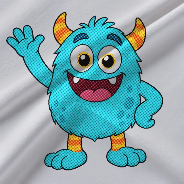 Close-up of a white T-shirt printed with a waving blue cartoon monster in big halftone dots.