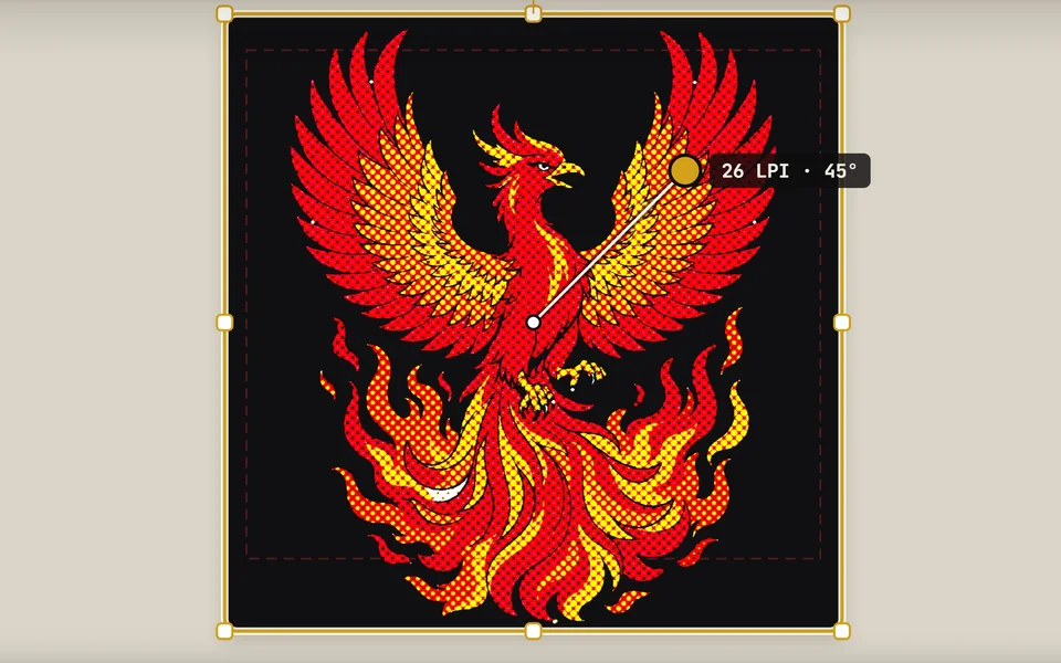 Design RIP: Palette halftone on a phoenix, dark shirt preview, in the app