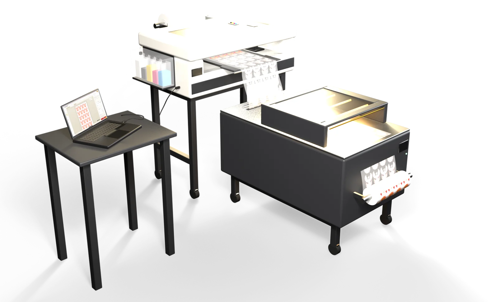 A DTF station: a laptop running UPrint Design RIP with a roll of logos on screen, a USB cable to a 30 cm (11.8 in) DTF printer printing the same roll, the film running through the powder shaker and dryer onto the finished roll.