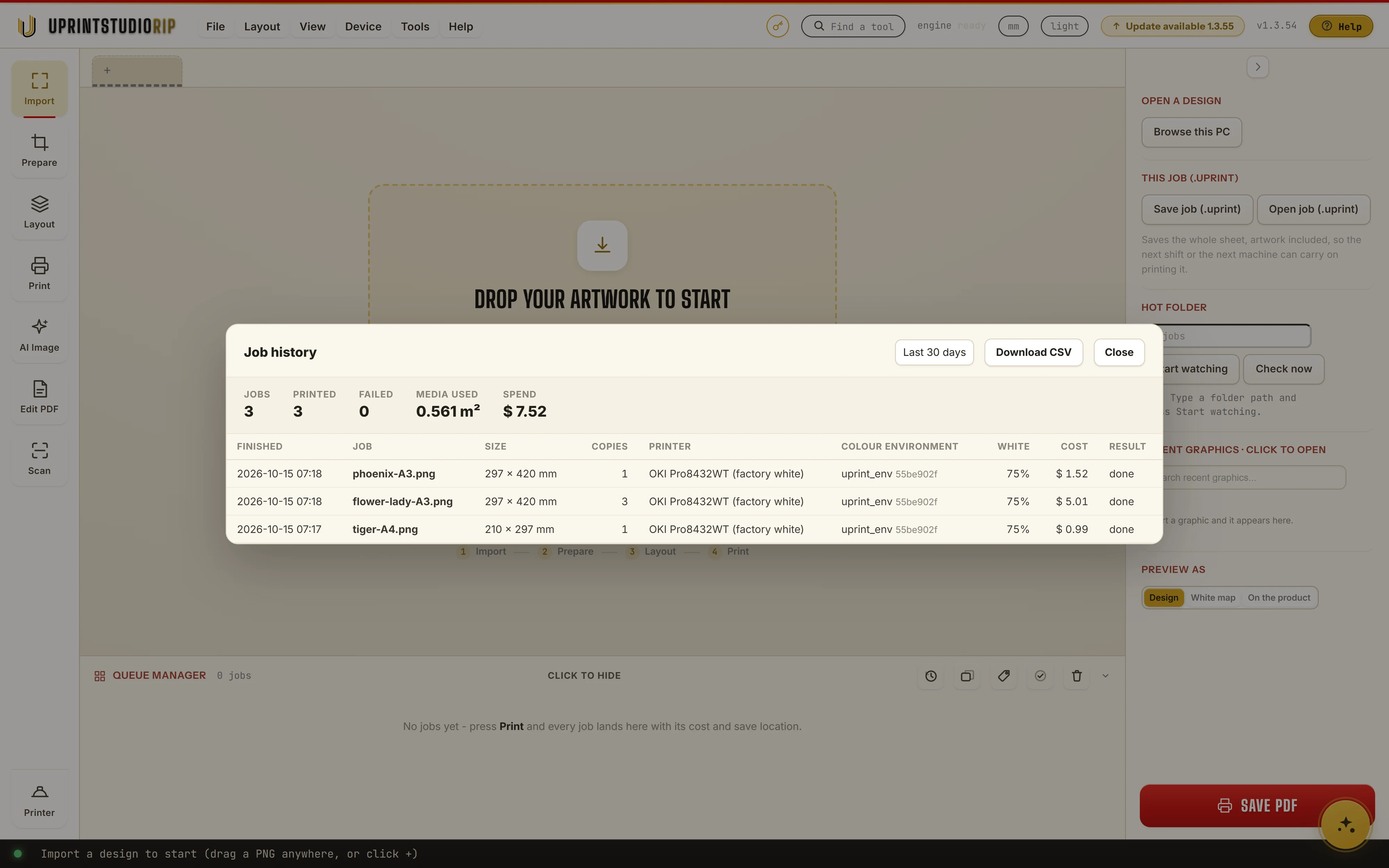 Job history: Job history in UPrint Studio RIP