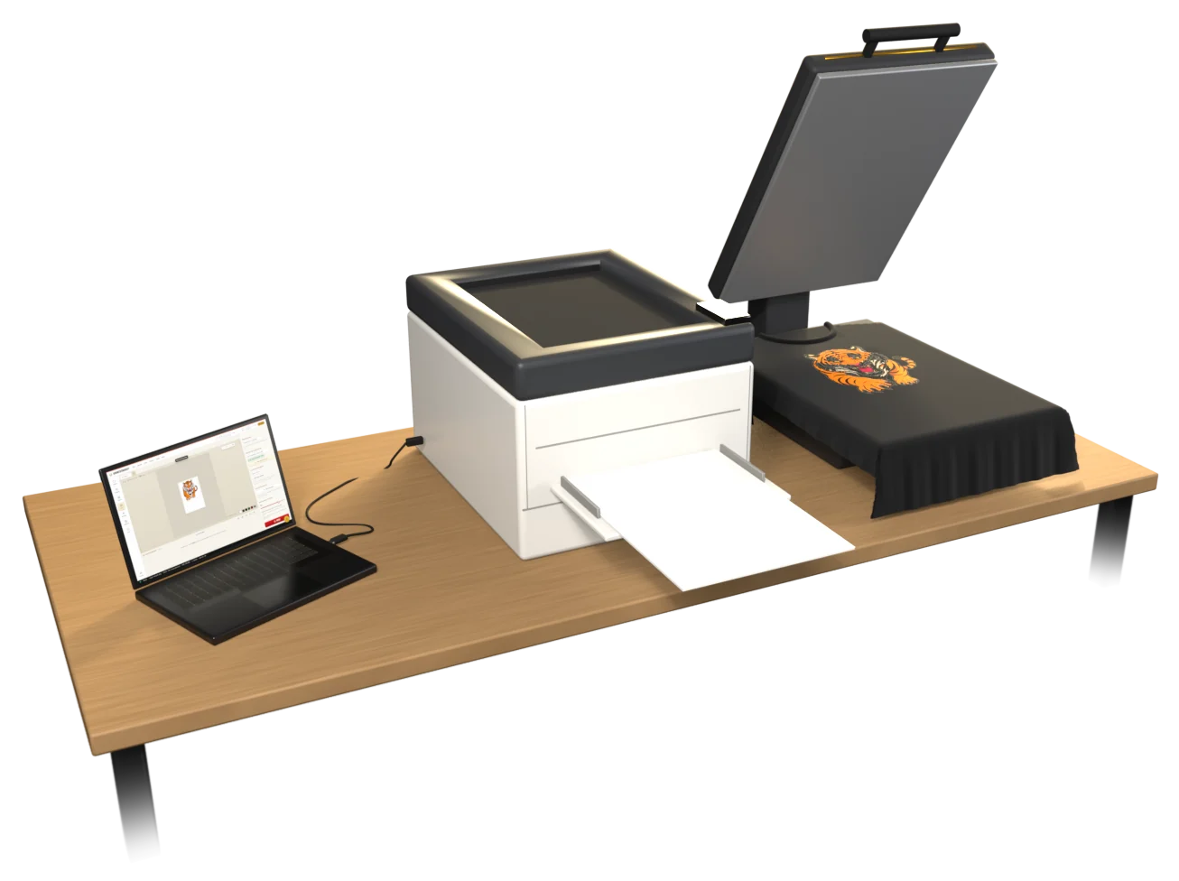A white toner station: a laptop running UPrint Studio RIP with a tiger on an A3 page, a USB cable to an OKI white toner printer, the printed sheet on a heat press over a black T-shirt, and the same tiger on the shirt.