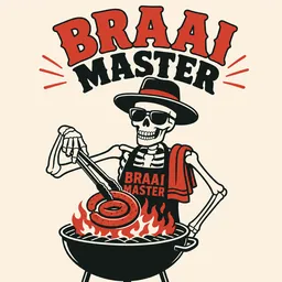 Skeleton braai master flipping boerewors over the flames, "BRAAI MASTER" in bold retro letters (Bold vector print style)