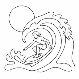 One continuous line drawing of a surfer riding a curling wave under a big round sun (Line art print style)