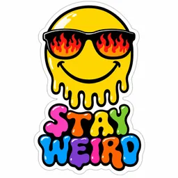 Melting smiley face wearing flame sunglasses, "STAY WEIRD" underneath (Sticker print style)