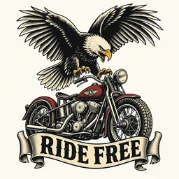 Bald eagle swooping over a vintage motorcycle, "RIDE FREE" on a banner, halftone shading (Tee graphic print style)
