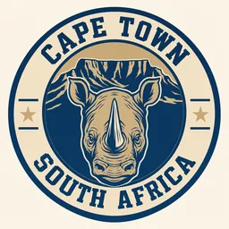 Rhino head in front of Table Mountain, "CAPE TOWN" and "SOUTH AFRICA" around the ring (Badge print style)
