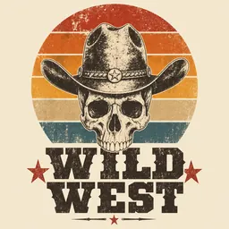Cowboy skull with a hat in front of 1970s sunset stripes, "WILD WEST" in slab letters (Distressed print style)