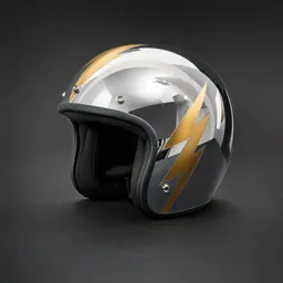 Chrome motorcycle helmet with a gold lightning bolt, on a black studio floor (Photo print style)