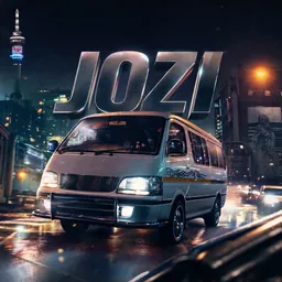 Cinematic print style: Minibus taxi racing through Johannesburg at night, neon city lights, "JOZI" in bold chrome letters, no other words, no logos