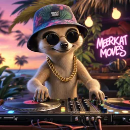 Animated print style: Meerkat DJ in a bucket hat and a gold chain, spinning records on the decks