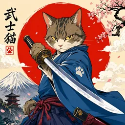 Anime print style: Samurai cat holding a katana in front of a giant red rising sun