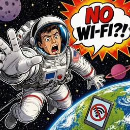 Comic print style: Astronaut floating in space shouting "NO WI-FI?!", pop-art halftone dots