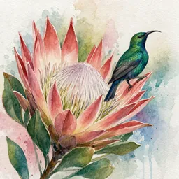 King protea flower with a malachite sunbird (Watercolour print style)