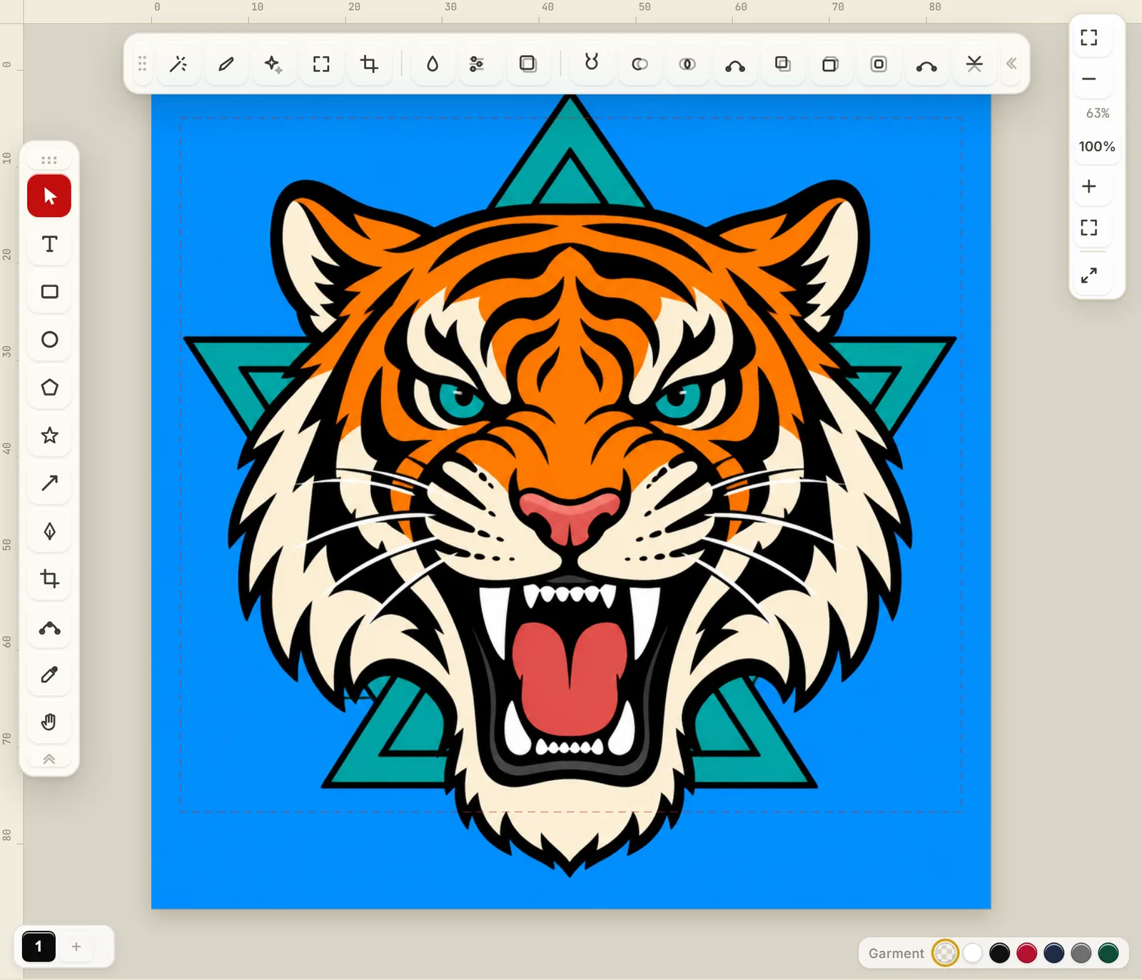 The design canvas with a bold vector tiger illustration still sitting on its solid blue background