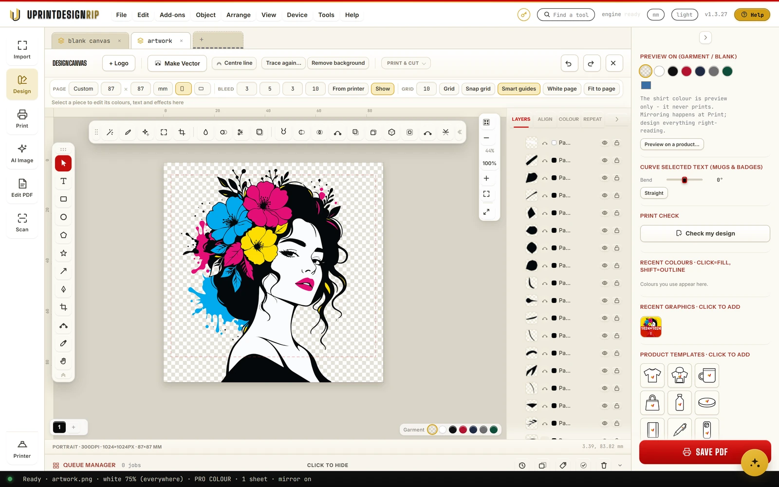 The full UPrint Design RIP window: Import, Design, Print, AI Image, Edit PDF and Scan down the left side; file tabs, Make Vector and the page settings above the canvas; the tool rail and the floating tool bar around a traced flower lady on the page; every traced piece listed in Layers; and the garment preview, Print check, recent graphics, product templates and Save PDF on the right