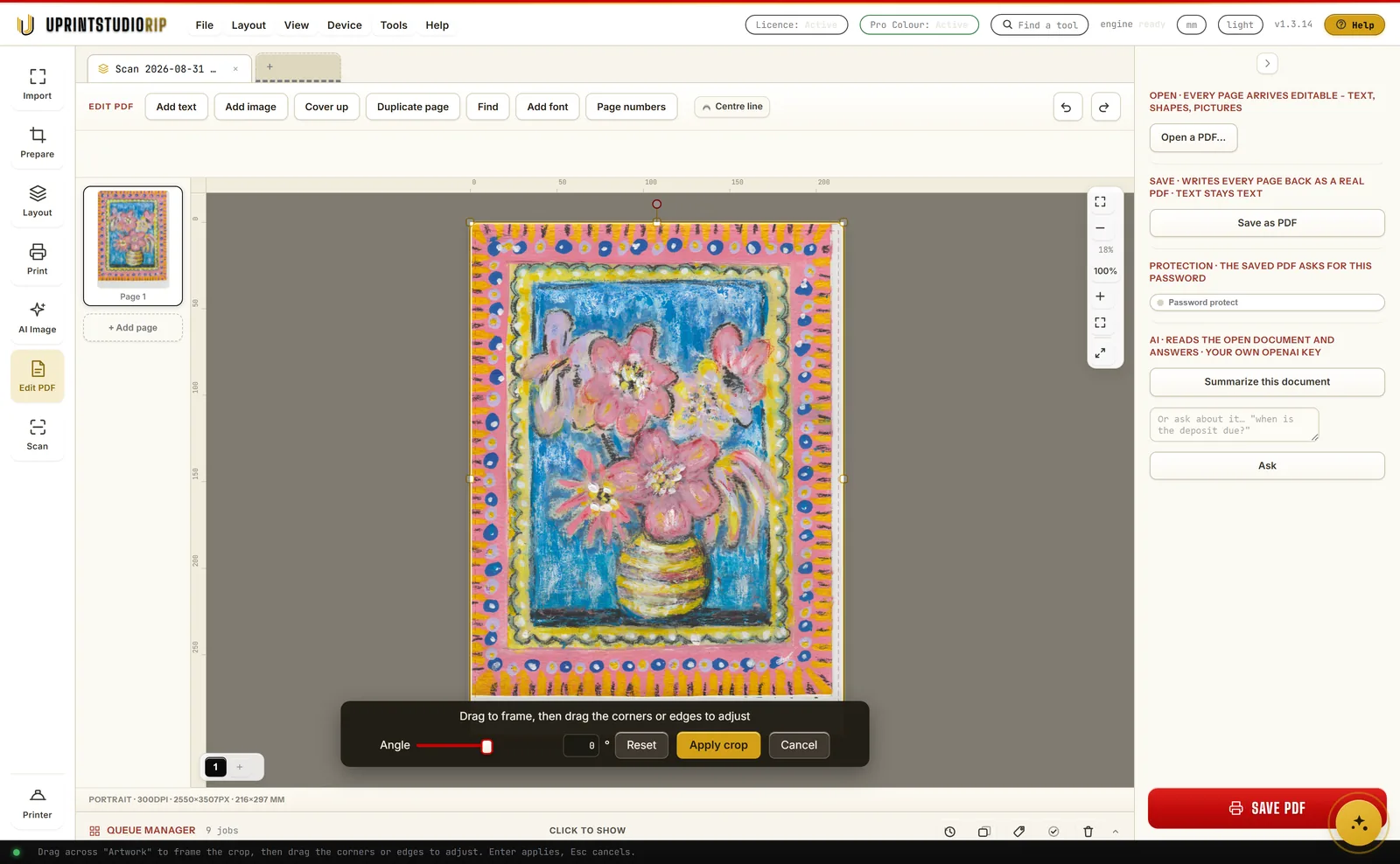 The crop tool open over the scanned card, with an angle dial set to zero degrees and Reset, Apply crop and Cancel buttons