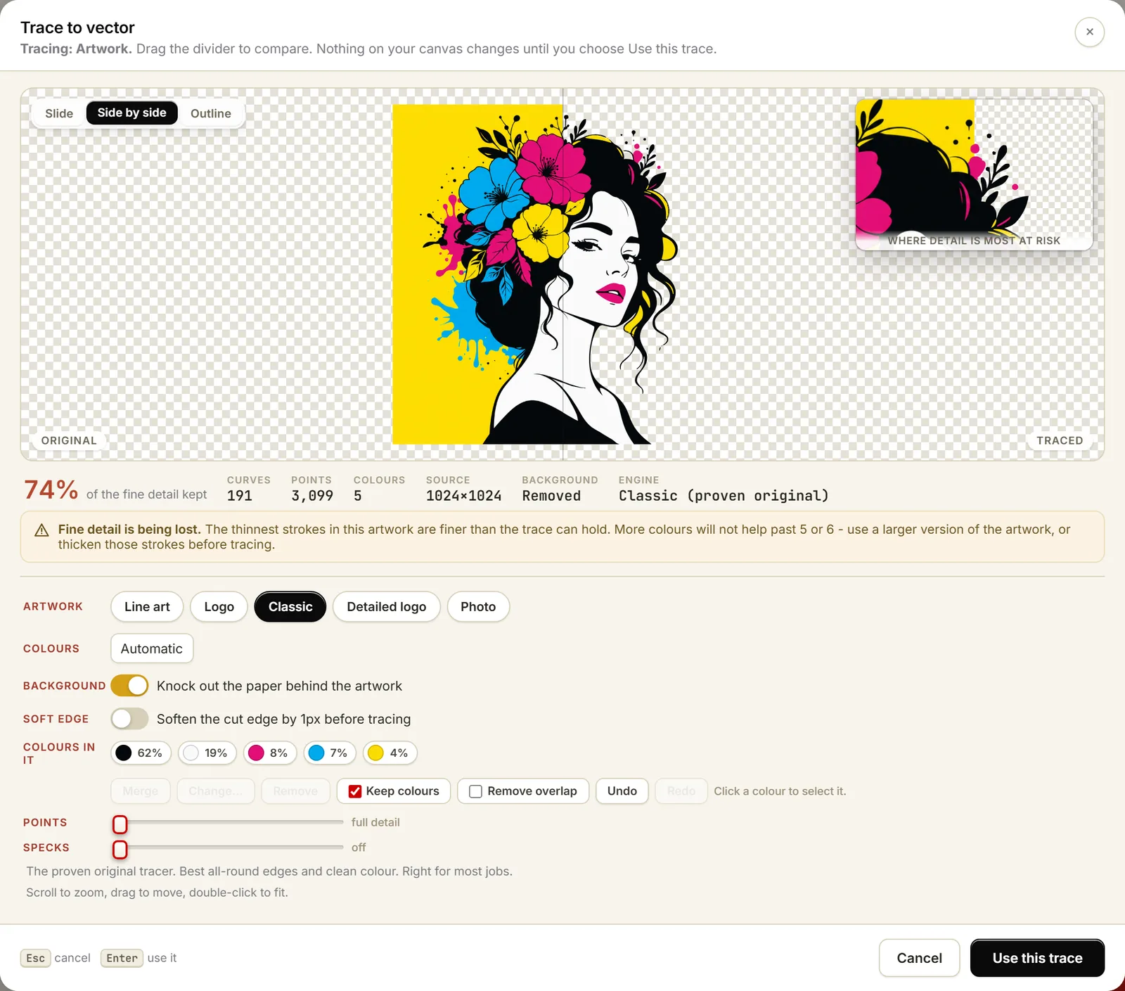 Trace to vector inside the software, side by side: the original artwork on the left, the traced version on the right with the background knocked out to transparent